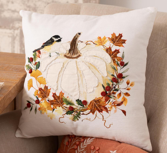 WHITE PUMPKIN WITH CHICADEE FALL PILLOW