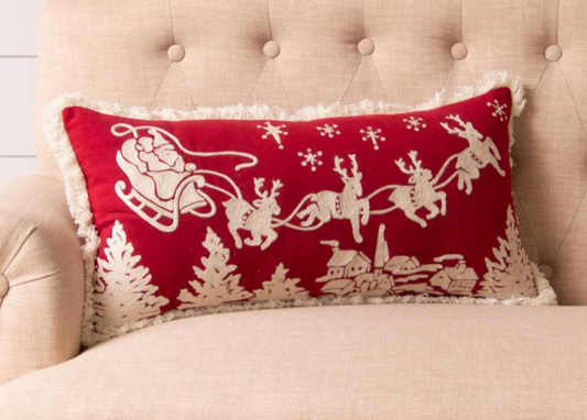 EMBROIDERED SANTA'S SLEIGH LUMBAR PILLOW