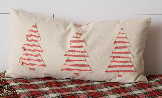 CHRISTMAS RED STRIPS AND TREES LUMBAR PILLOW