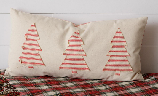 CHRISTMAS RED STRIPS AND TREES LUMBAR PILLOW
