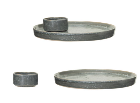 GREY STONEWARE SERVING PLATE WITH DISH