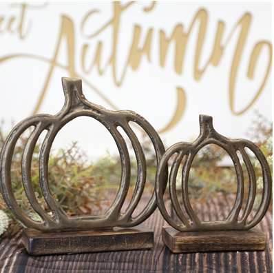 GOLD PUMPKINS ON STANDS - SET OF 2