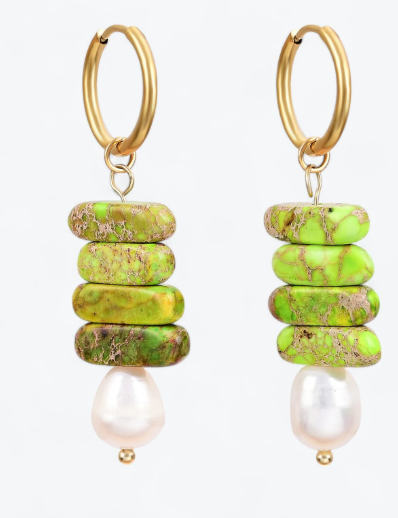 CAPE DIABLO OCEAN BLISS PEARL & GREEN JASPER HOOP DROPS - GOLD