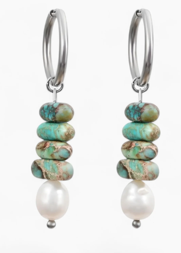 CAPE DIABLO OCEAN BLISS PEARL & TURQUOISE JASPER HOOP DROPS - SILVER