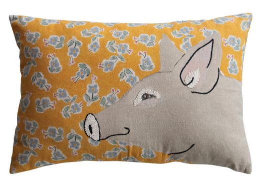PIG COTTON & LINEN EMBROIDERED LUMBAR PILLOW