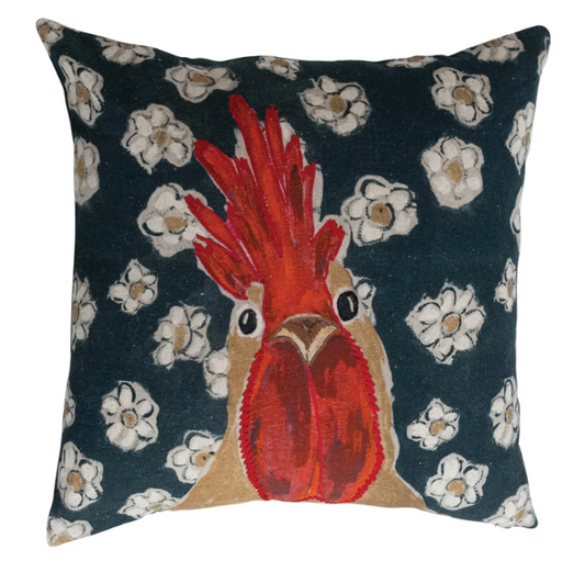 ROOSTER 20" SQUARE COTTON & LINEN EMBROIDERED PILLOW