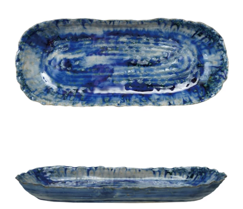 BLUE STONEWARE PLATTER - REACTIVE CRACKLE GLAZE