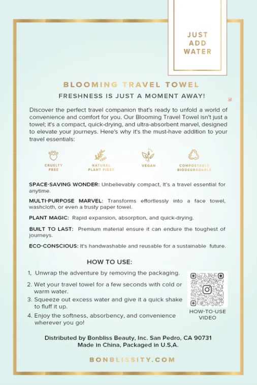 BONBLISSITY BLOOMING TRAVEL TOWEL - ASSORTED