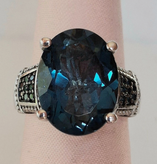 STERLING SILVER LONDON BLUE TOPAZ WITH TEAL DIAMONDS RING