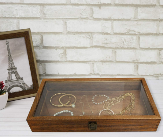 WOOD TEMPERED GLASS TOP DISPLAY CASE - WALNUT STAIN