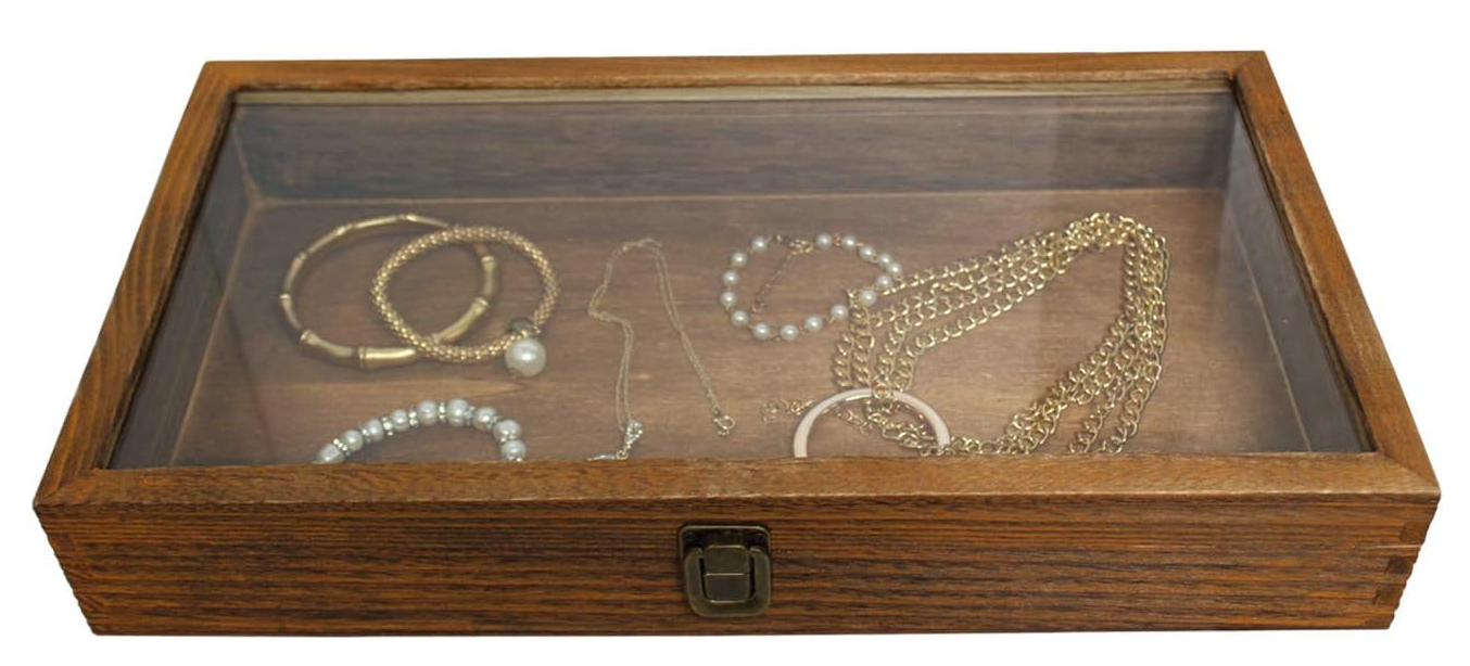 WOOD TEMPERED GLASS TOP DISPLAY CASE - WALNUT STAIN
