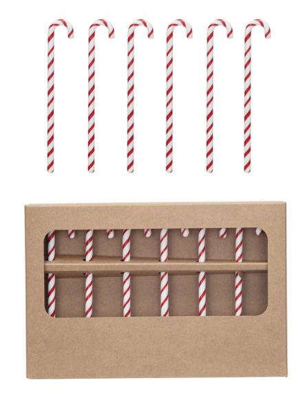 GLASS CANDY CANE SHAPED SITR STICKS - SET OF 6 - ASSORTED