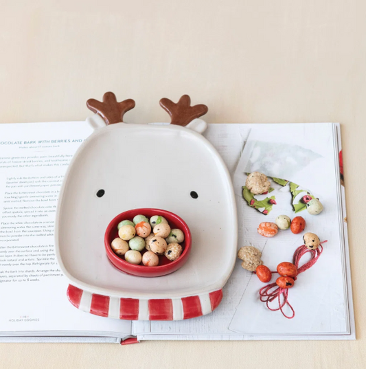 STONEWARE REINDEER SHAPED PLATTER WITH DISH
