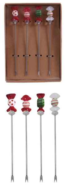 HAND BLOWN GLASS CHRISTMAS CANDIES APPETIZER PICKS - SET OF 4