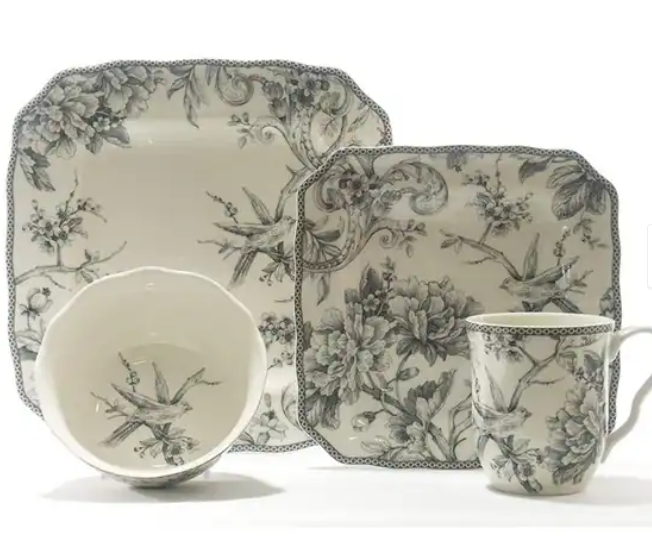 222 FIFTH ADELAIDE GREY 12 PIECE DINNERWARE SET FOR 4 - MUGS SOLD SEPARATELY