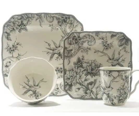222 FIFTH ADELAIDE GREY 12 PIECE DINNERWARE SET FOR 4 - MUGS SOLD SEPARATELY