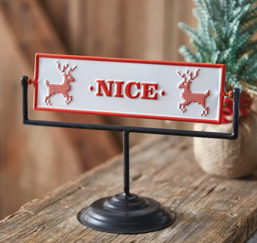 NAUGHTY & NICE ROTATING TABLETOP METAL SIGN