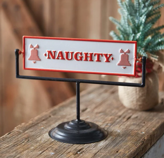 NAUGHTY & NICE ROTATING TABLETOP METAL SIGN