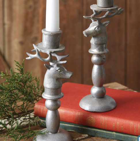 SET OF TWO REINDEER TAPER CANDLE HOLDERS
