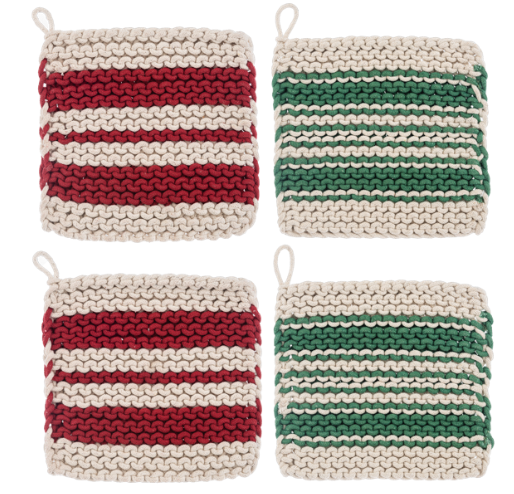 COTTON CROCHET RED AND GREEN STRIPE POT HOLDER