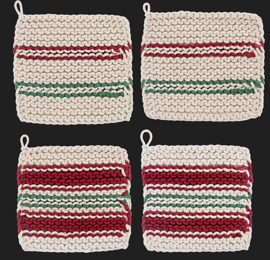 COTTON CROCHET RED & GREEN STRIPED POT HOLDER