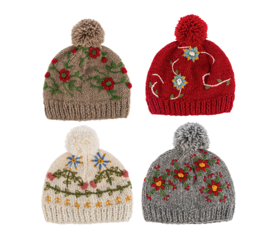 EMBROIDERED KNIT BEANIE HATS WITH POM-POM  - ASSORTED