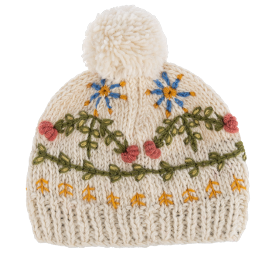 EMBROIDERED KNIT BEANIE HATS WITH POM-POM  - ASSORTED