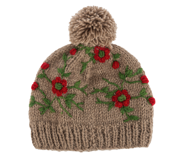 EMBROIDERED KNIT BEANIE HATS WITH POM-POM  - ASSORTED