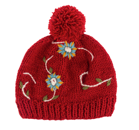 EMBROIDERED KNIT BEANIE HATS WITH POM-POM  - ASSORTED