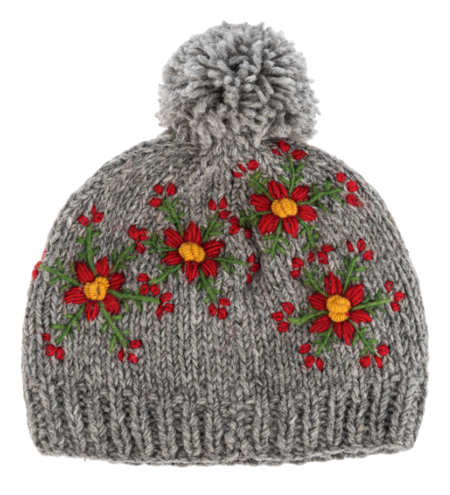 EMBROIDERED KNIT BEANIE HATS WITH POM-POM  - ASSORTED