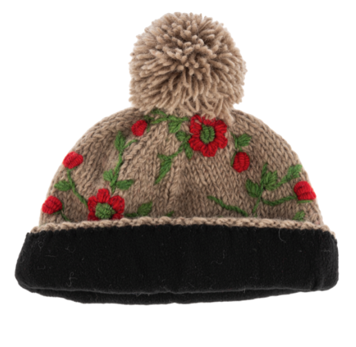 EMBROIDERED KNIT BEANIE HATS WITH POM-POM  - ASSORTED