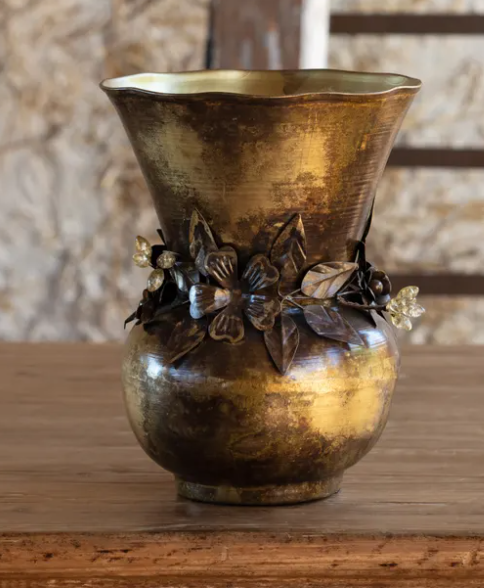 JEWELED GARLAND ANTIQUED GOLD VASE