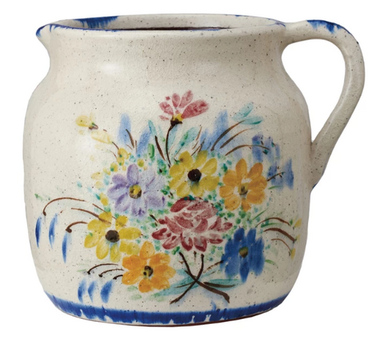 DECORATIVE TERRA-COTTA PITCHER W/FLOWERS & HANDLE