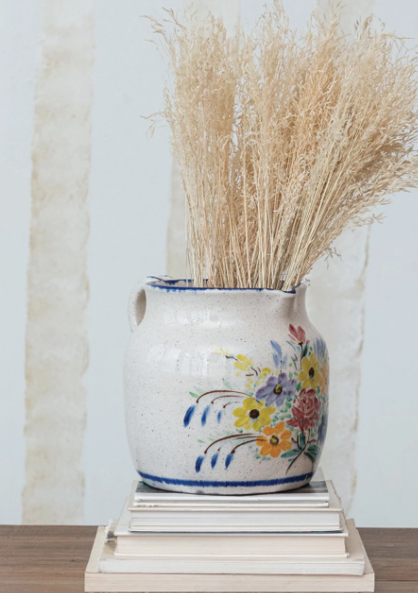 DECORATIVE TERRA-COTTA PITCHER W/FLOWERS & HANDLE