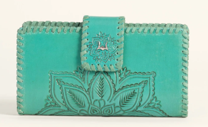 LOYAL WEST DESERT LOTUS WALLET - TURQUOISE HANDTOOLED LEATHER & CALFSKIN