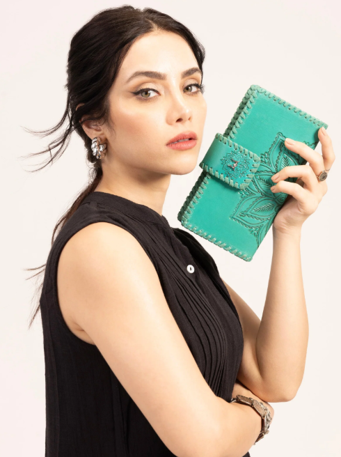 LOYAL WEST DESERT LOTUS WALLET - TURQUOISE HANDTOOLED LEATHER & CALFSKIN