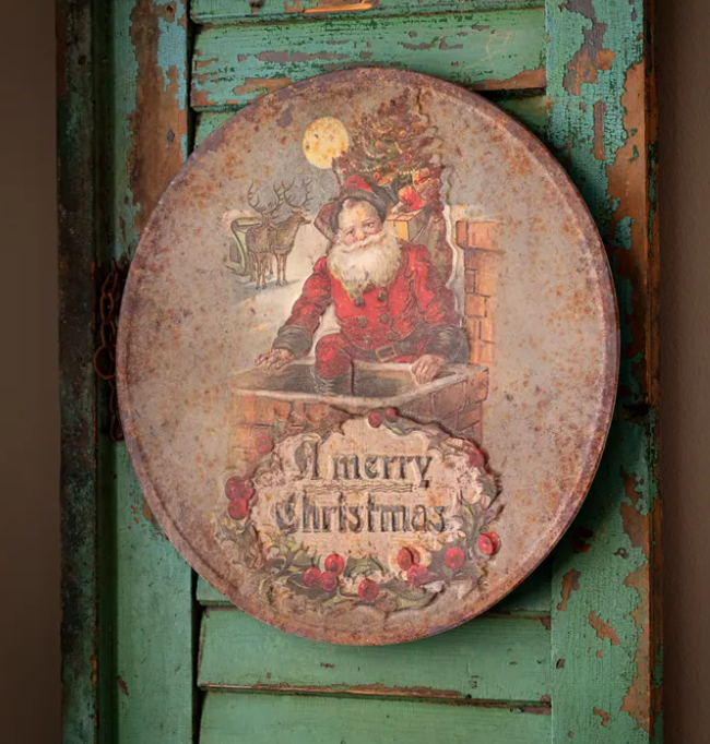 MERRY CHRISTMAS SANTA EMBOSSED ROUND METAL SIGN