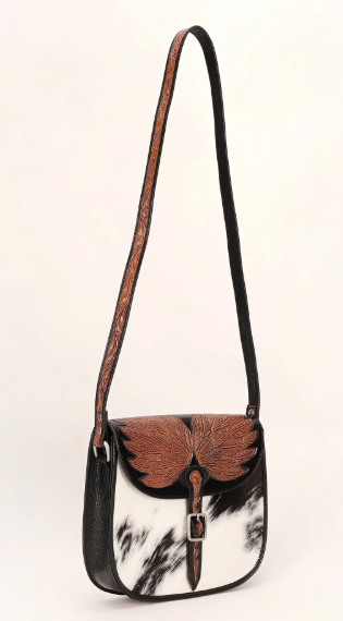 LOYAL WEST BLACK AURELIA MINI HAND TOOLED LEATHER COWHIDE BAG