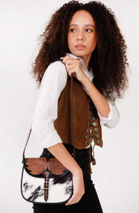 LOYAL WEST BLACK AURELIA MINI HAND TOOLED LEATHER COWHIDE BAG