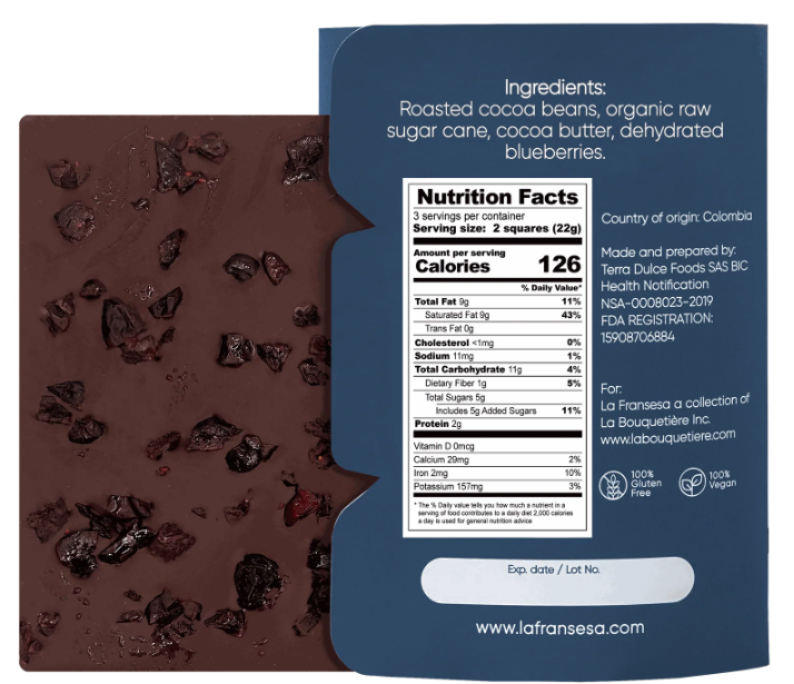 LA FRANSESA BLUEBERRIES 70% COCOA CRAFT CHOCOLATE BAR