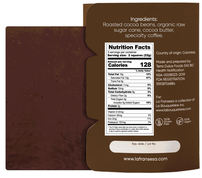 LA FRANSESA 70% COCOA CHOCOLATE WITH SPECIALTY COFFEE CRAFT CHOCOLATE BAR
