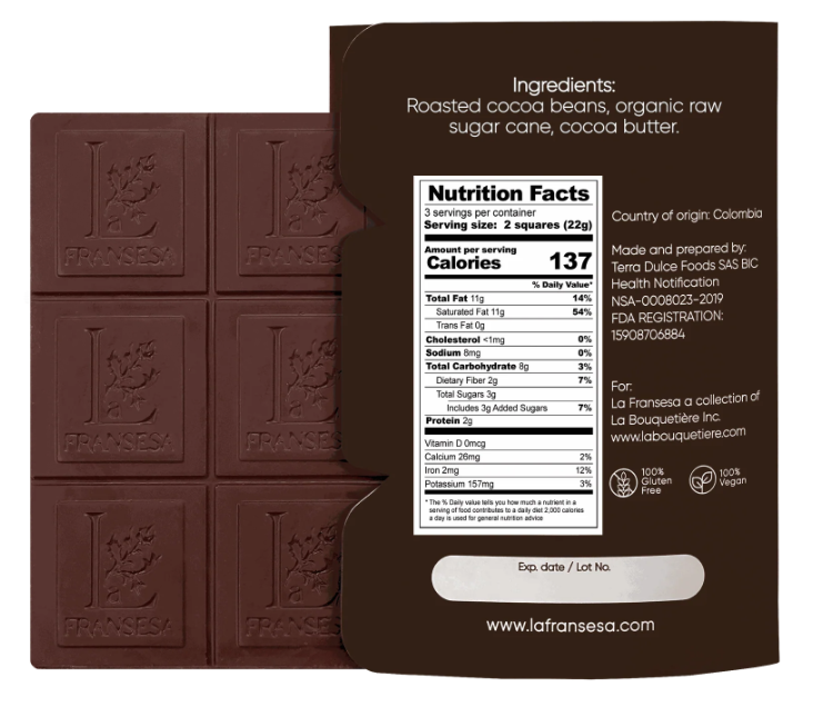 LA FRANSESA 82% COLOMBIAN CACAO - INTENSE DARK CHOCOLATE CRAFTED CHOCOLATE BAR