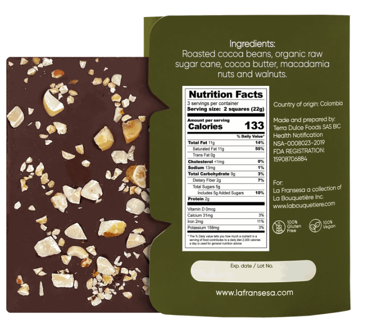 LA FRANSESA 70% COCOA MACADAMIA & WALNUT CRAFT CHOCOLATE BAR