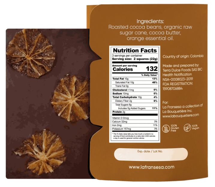 LA FRANSESA 70% COLOMBIAN CACAO WITH NATURAL ORANGE CRAFT CHOCOLATE BAR