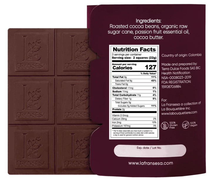LA FRANSESA 70% COLOMBIAN CACAO WITH PASSION FRUITE CRAFT CHOCOLATE BAR