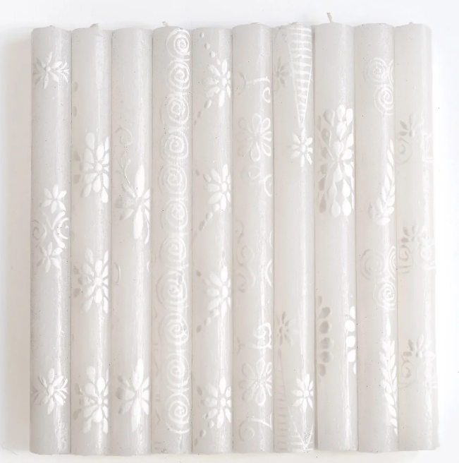 THUMBPRINT ARTIFACTS HAND PAINTED WHITE ON WHITE CANDLES - ASSORTED