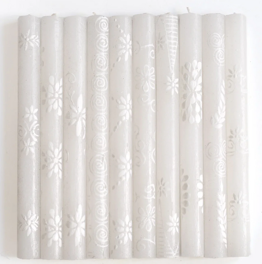 THUMBPRINT ARTIFACTS HAND PAINTED WHITE ON WHITE CANDLES - ASSORTED
