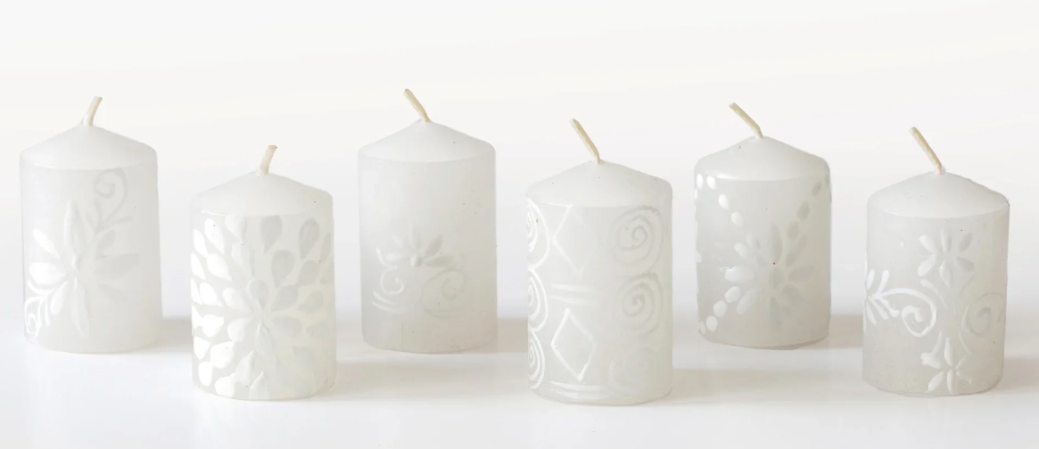 THUMBPRINT ARTIFACTS HAND PAINTED WHITE ON WHITE CANDLES - ASSORTED