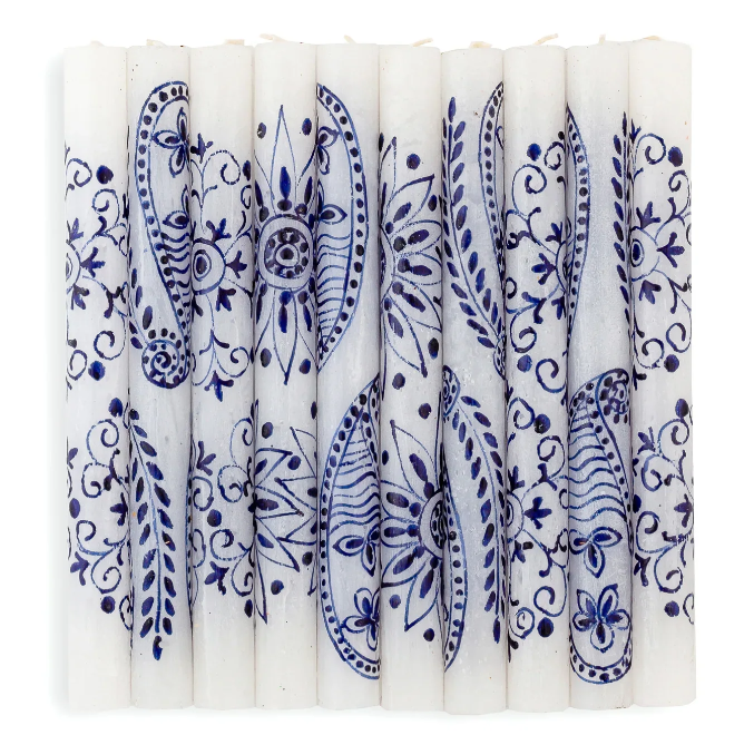 THUMBPRINT ARTIFACTS HAND PAINTED HENNA BLUE ON WHITE CANDLES - ASSORTED