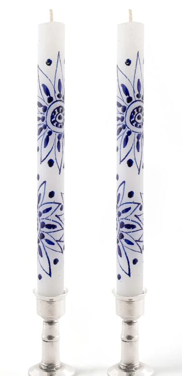 THUMBPRINT ARTIFACTS HAND PAINTED HENNA BLUE ON WHITE CANDLES - ASSORTED